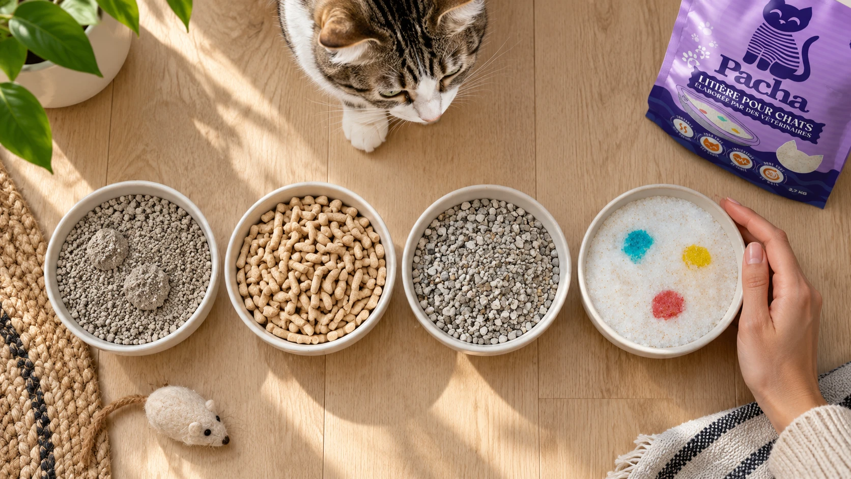 Comparatif des types de litière chat anti odeur : argile, végétale, minérale et cristaux de silice Litière Pacha