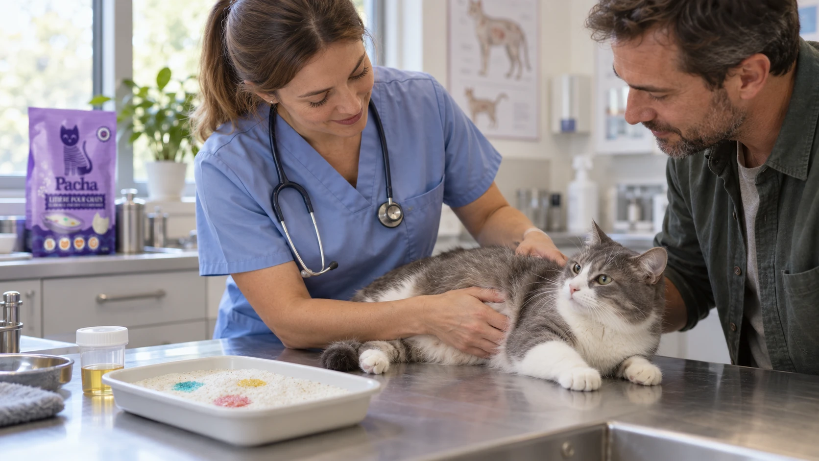 Vétérinaire examinant un chat après un changement de couleur de sa litière, conseil santé urinaire Litière Pacha