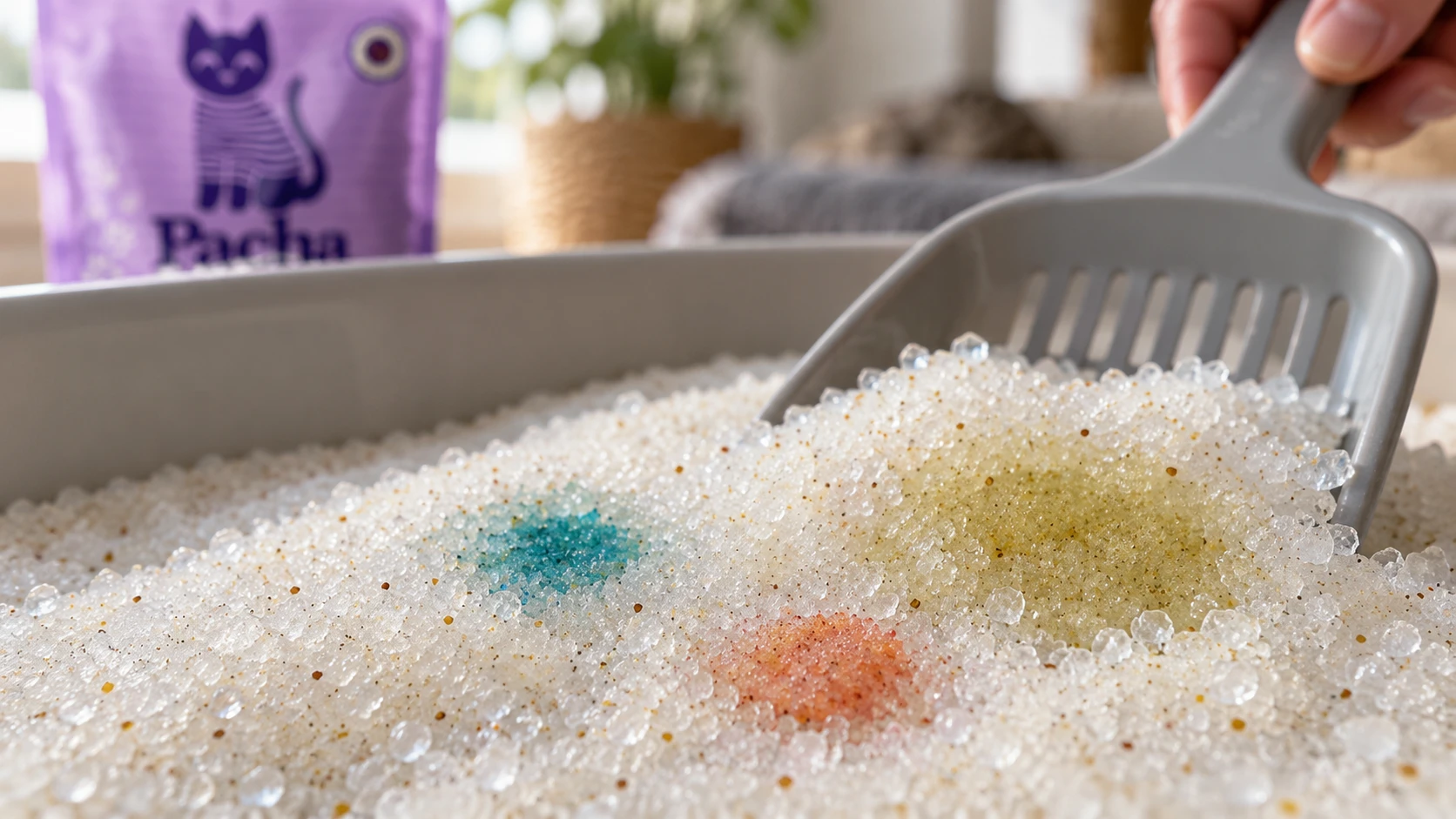 Gros plan sur les cristaux de silice colorés d’une litière détection maladie Litière Pacha révélant le pH urinaire du chat