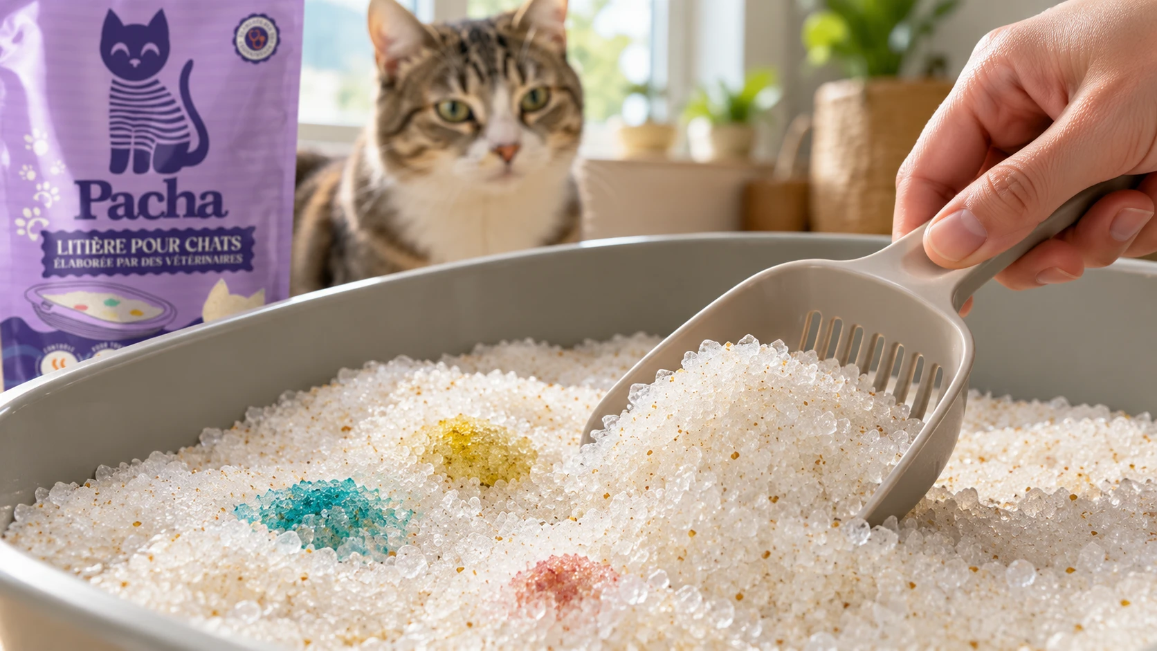 Gros plan sur les cristaux de silice de la Litière Pacha qui changent de couleur selon le pH urinaire du chat