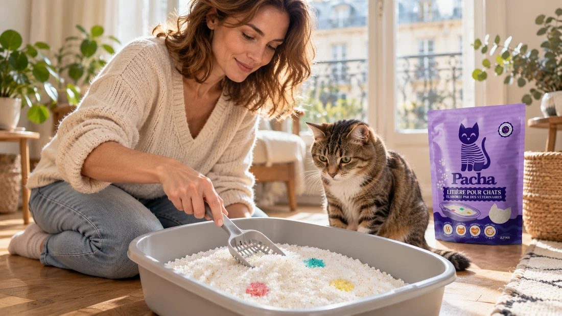 Propriétaire remuant les cristaux de silice de la Litière Pacha, une litière intelligente, sous le regard de son chat 