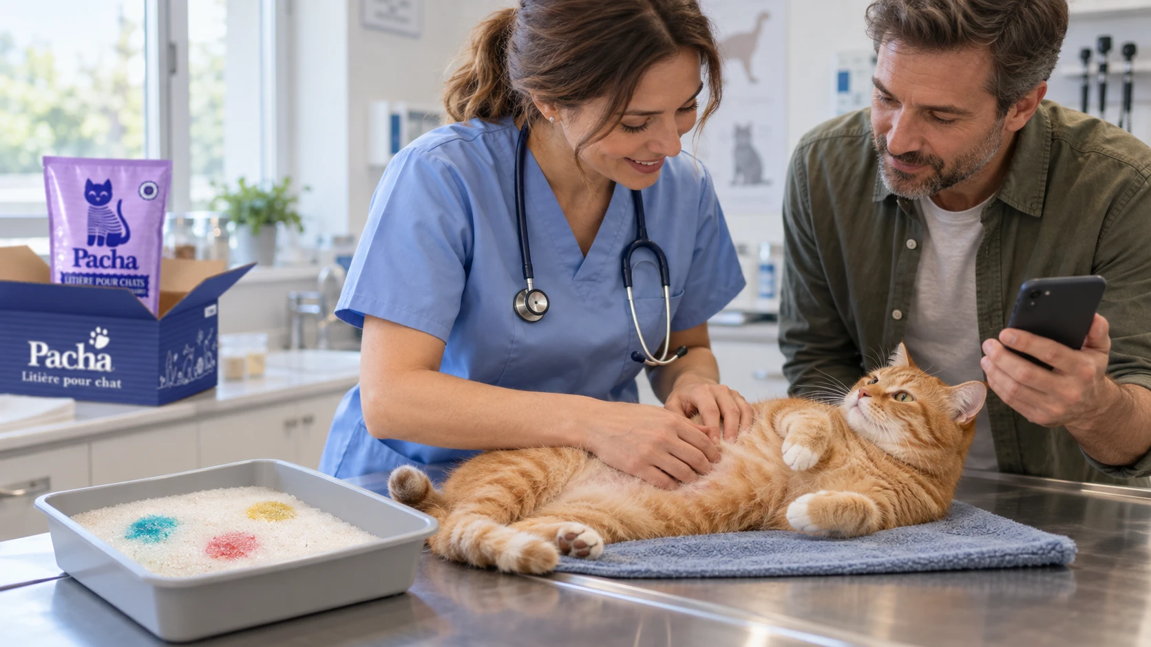 Chat examiné par une vétérinaire après une alerte de la Litière Pacha sur un trouble urinaire