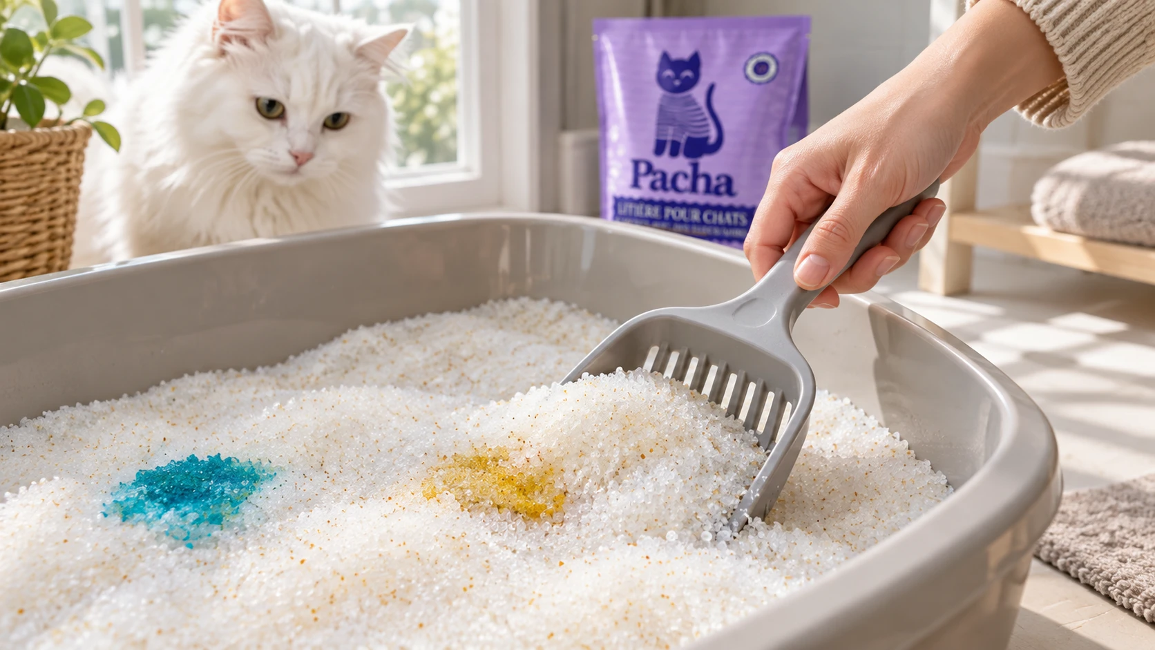 Cristaux de silice de la Litière Pacha changeant de couleur pour signaler une anomalie urinaire chez le chat