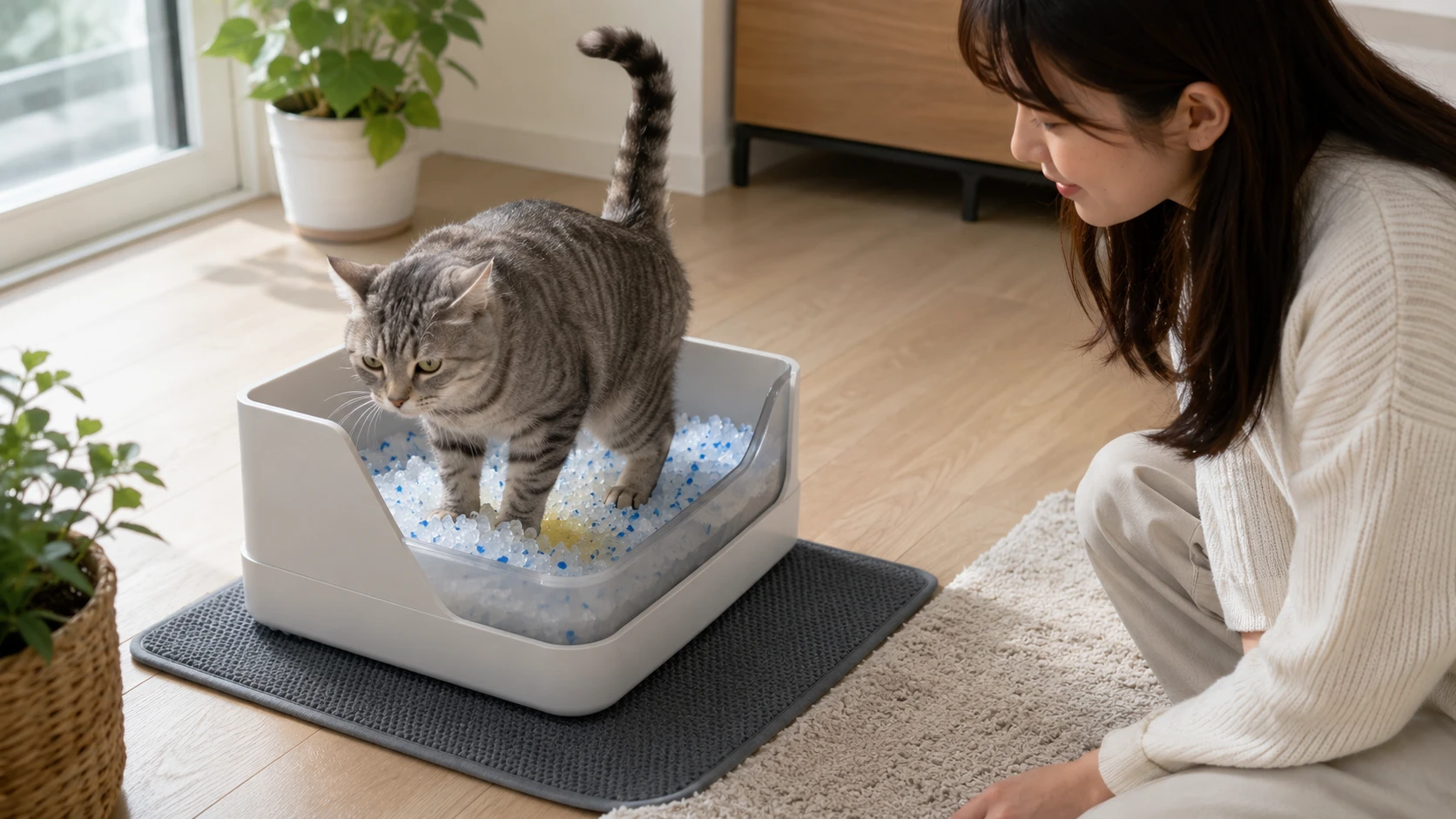 Litière Pacha - Propriétaire observant les changements de couleur des cristaux de silice pour surveiller la santé du chat.