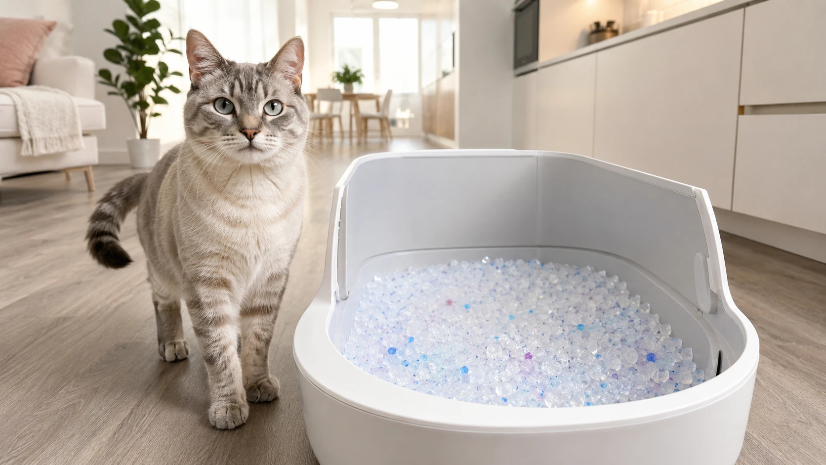 Litière Pacha - Chat en bonne santé utilisant une litière intelligente en cristaux de silice à changement de couleur.