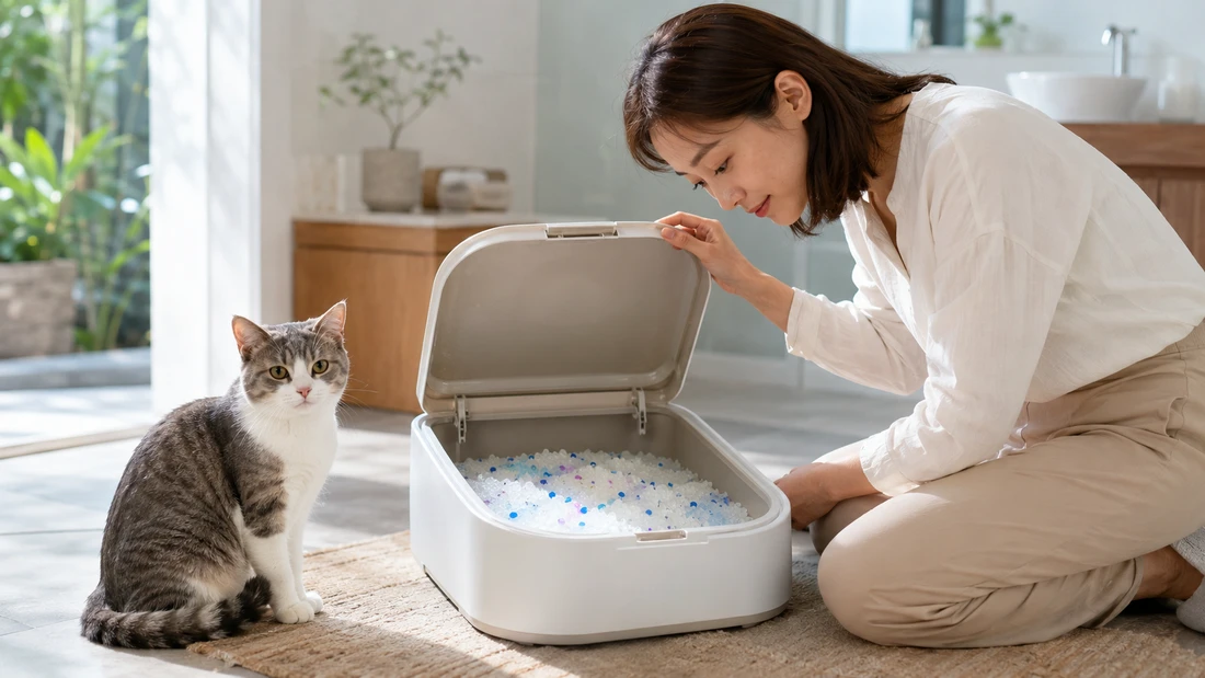Litière Pacha - Litière en cristaux de silice qui change de couleur pour surveiller la santé urinaire du chat.
