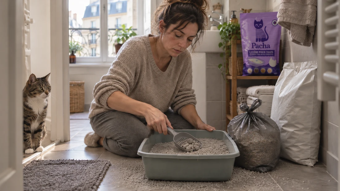 Litière Pacha : propriétaire fatiguée nettoyant un bac de litière agglomérante, la corvée que la litière sans entretien veut supprimer