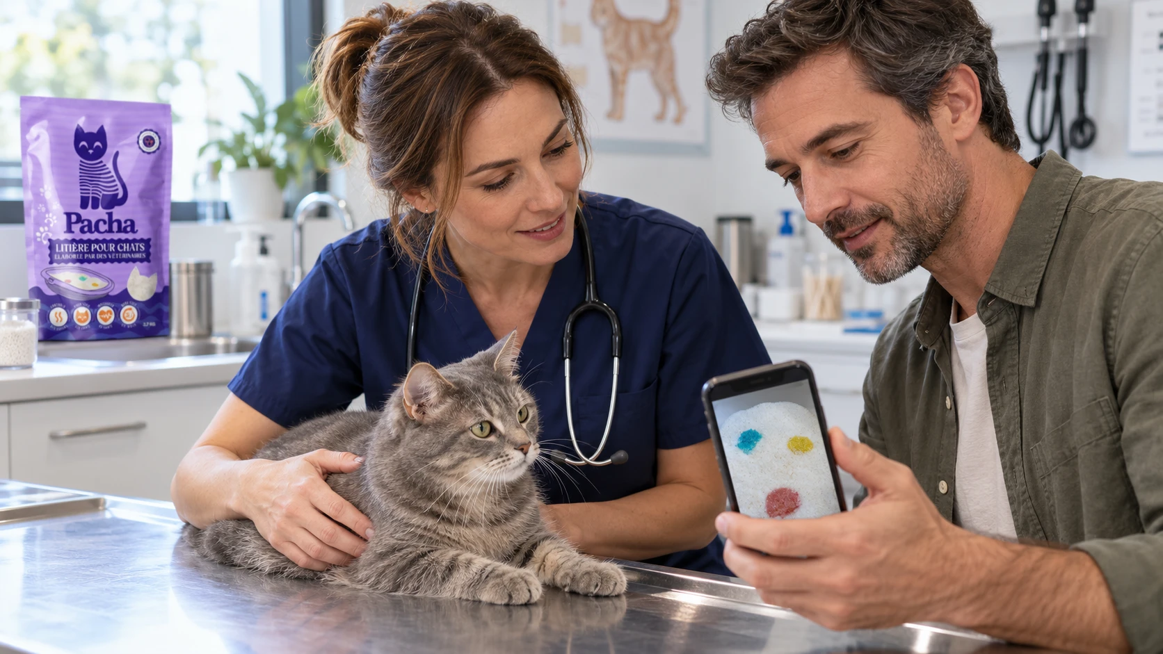Vétérinaire examinant un chat après un changement de couleur de la Litière Pacha, une litière santé pour chat