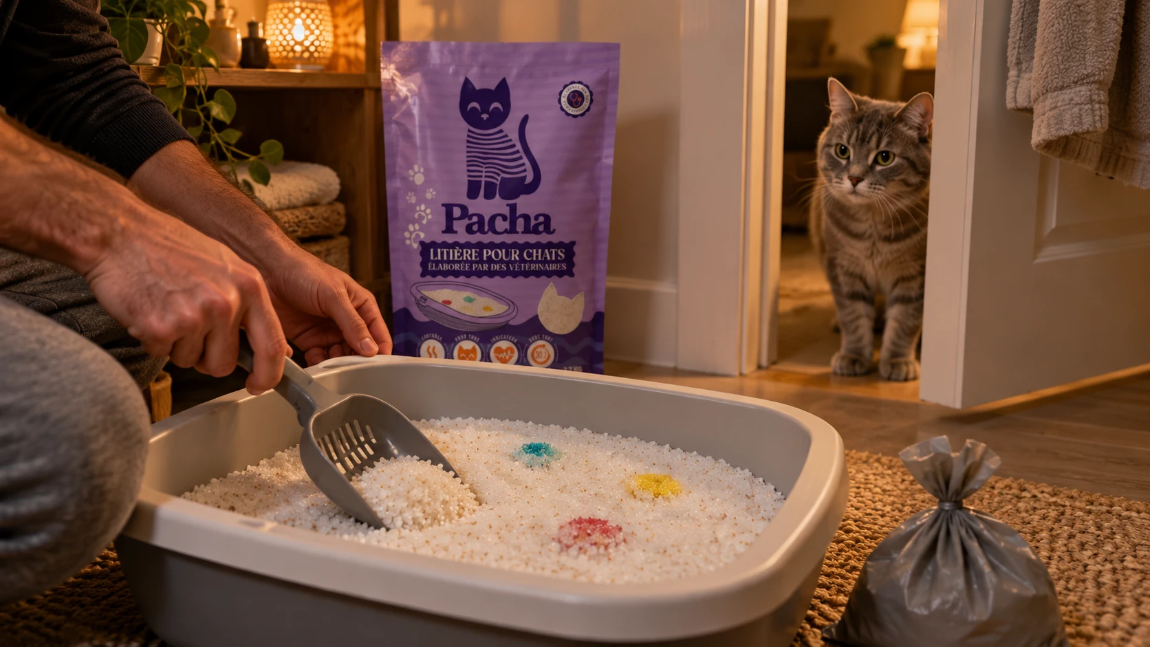 Routine du soir pour éviter l’odeur de litière la nuit en remuant les cristaux de silice Litière Pacha