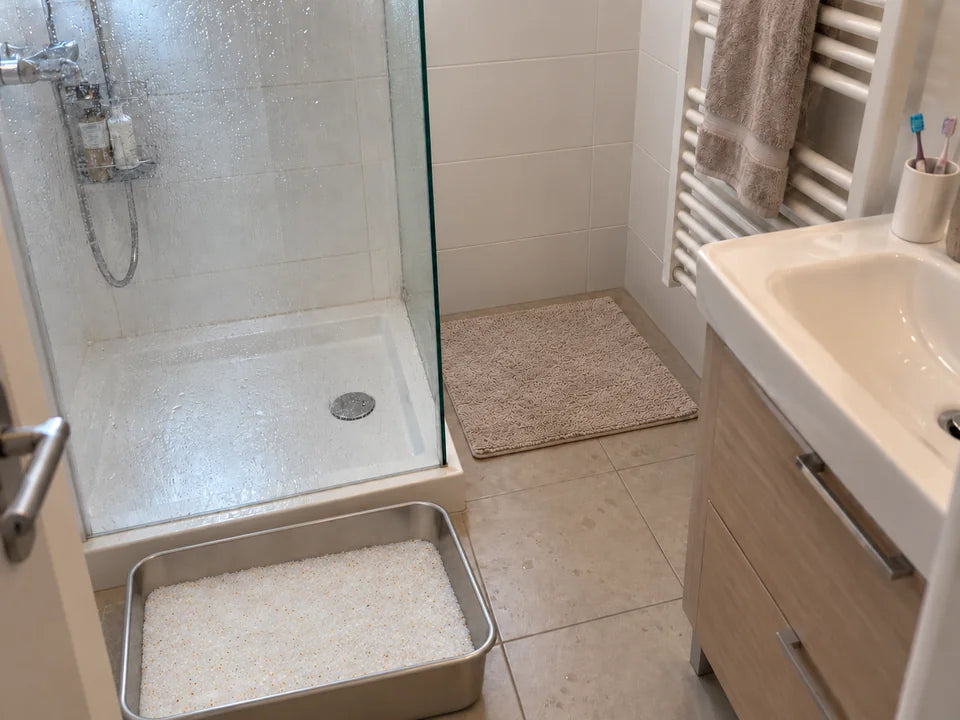 Un bac à litière posé dans une salle de bain, au pied de la douche