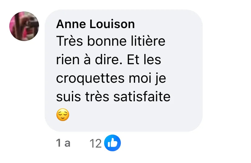 Commentaire Facebook de Anne Louison (12 J’aime) : « Très bonne litière rien à dire. Et les croquettes moi je suis très satisfaite 😌 »